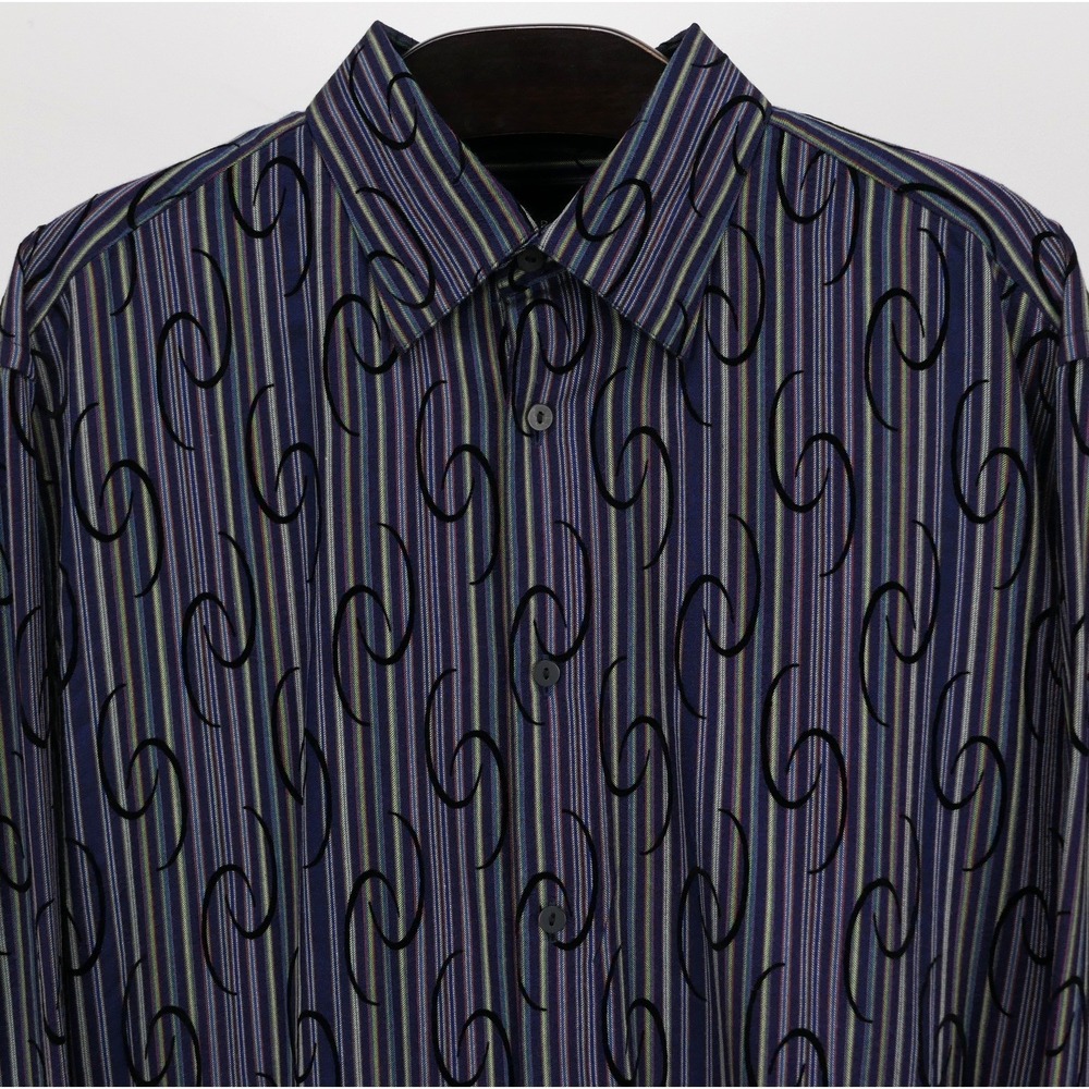 Jhane Barnes Mens XL Silk Rayon Striped Velvet Flocked Button Down Shirt Blue
